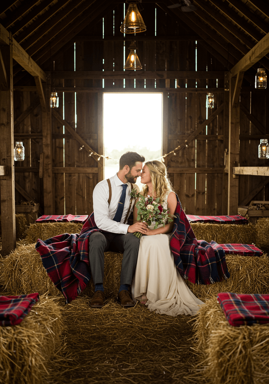Couple in casual wedding attire sitting together on hay bales with cozy plaid blankets in rustic barn venue