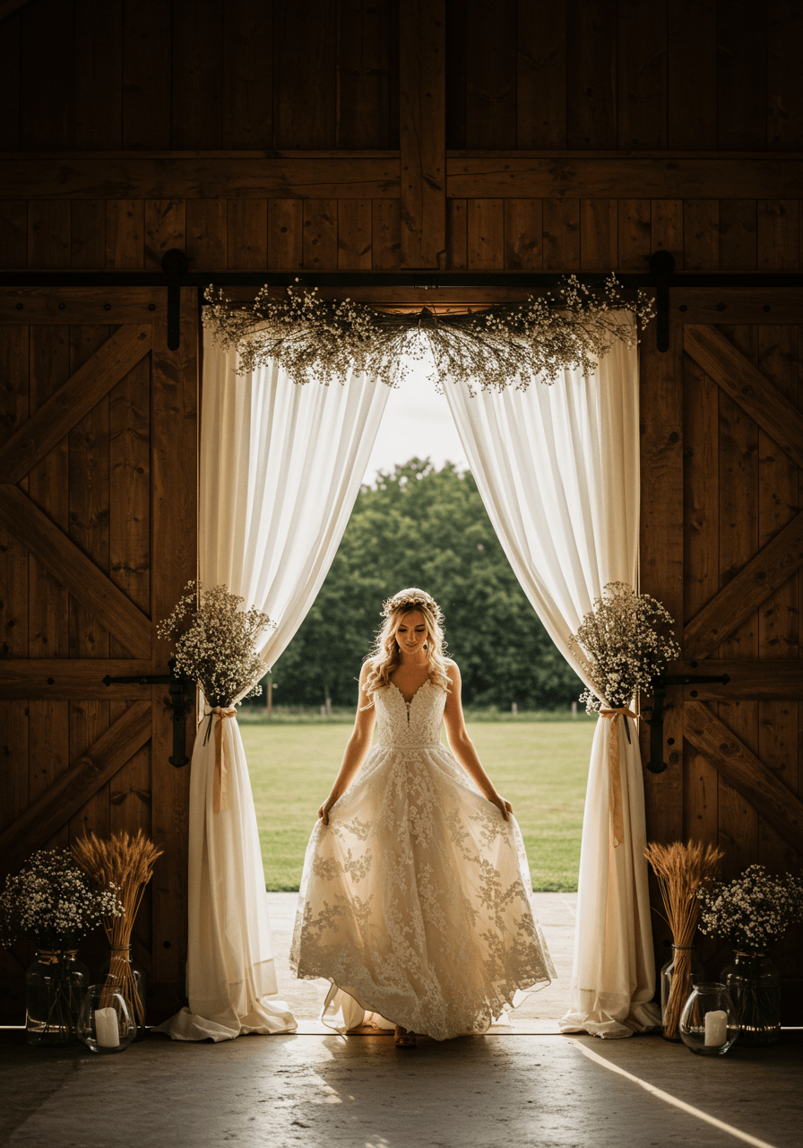 Bohemian bride in flowing lace gown walking through ethereal fabric draping during golden sunset