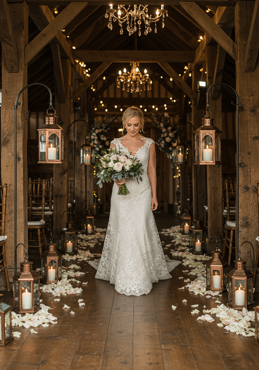 Close-up of bride on decorated barn aisle with hanging antique lanterns and romantic lighting