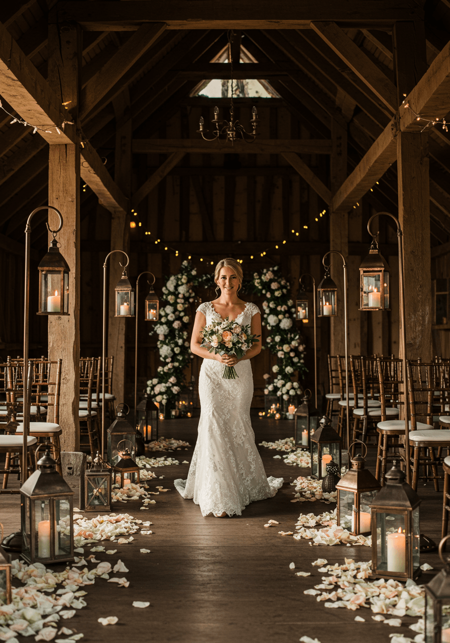 Bride in ivory lace gown walking down petal-strewn barn aisle flanked by ornate vintage lanterns