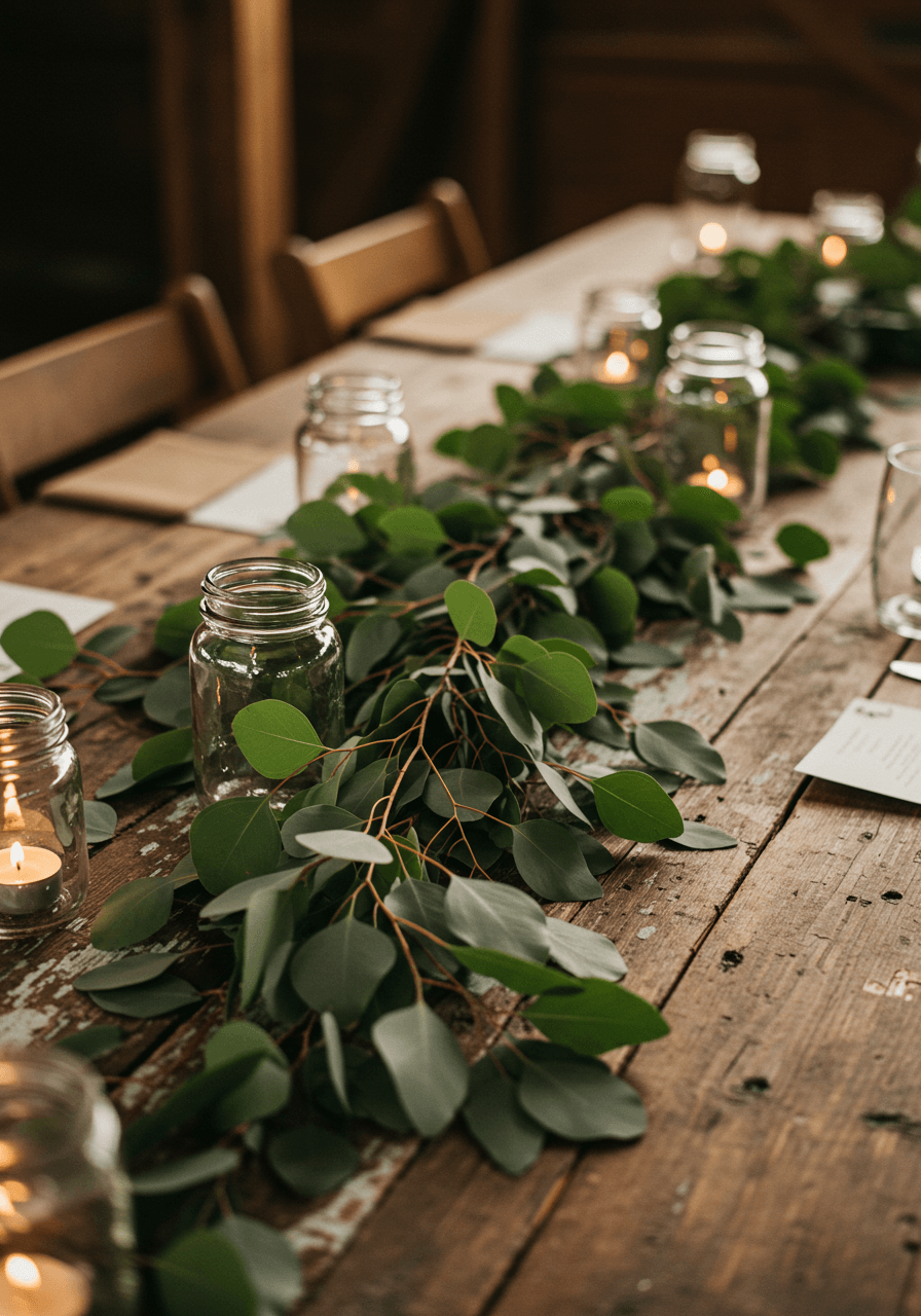 Close-up detail of eucalyptus branches and leaves arranged as table runner on weathered farmhouse wooden table