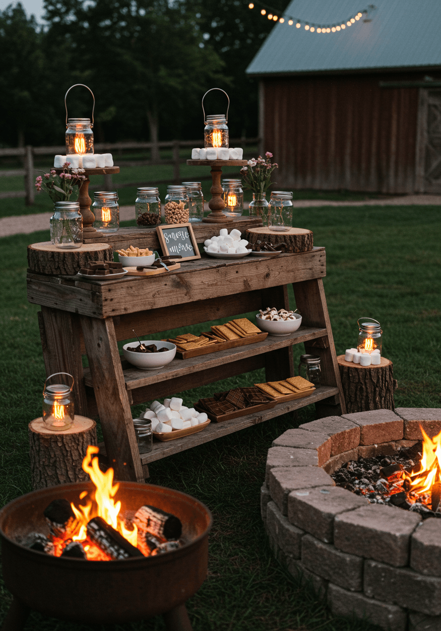 S'mores station with weathered wood shelves and glowing fire pit during golden hour twilight in barn setting
