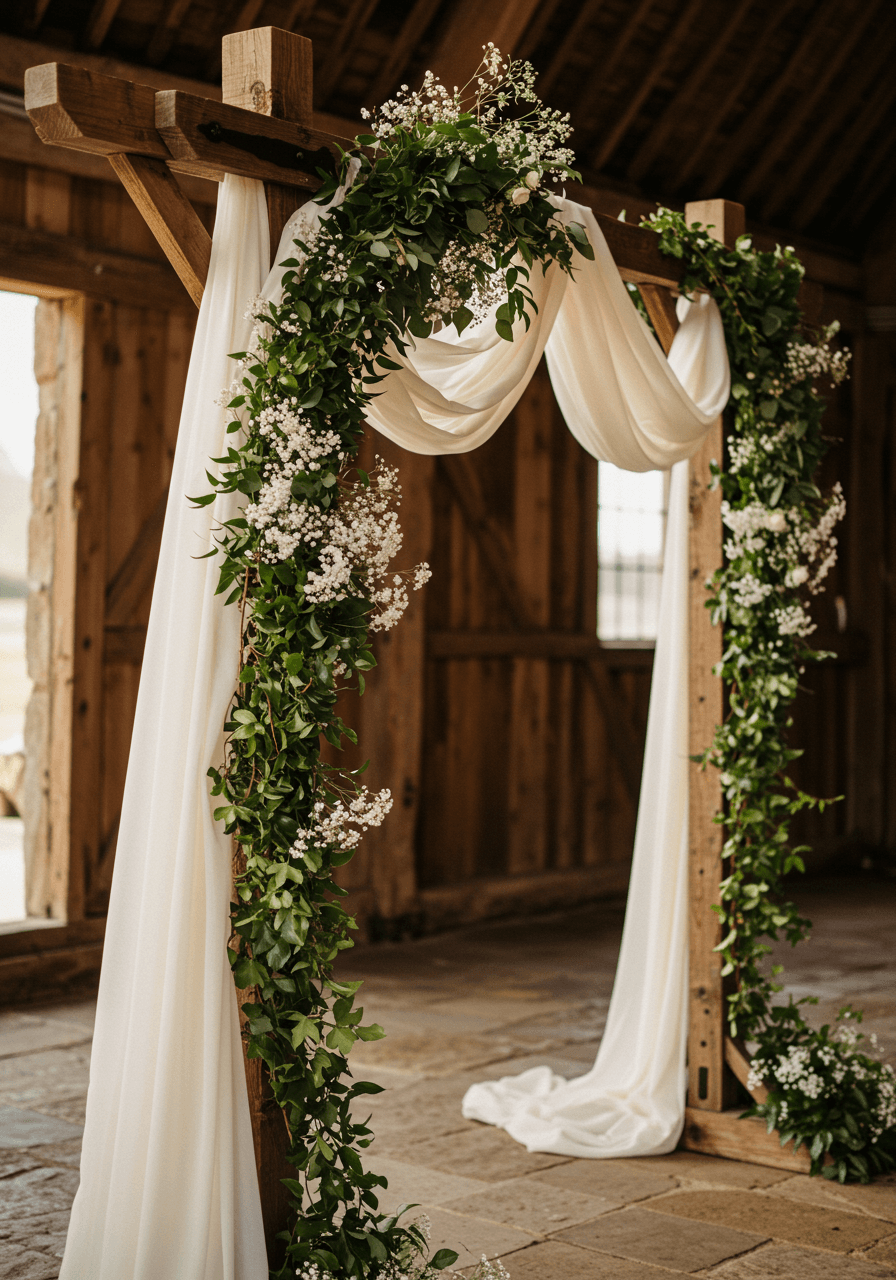 Rustic wooden ceremonial arch with white and cream drapery and greenery in charming barn venue