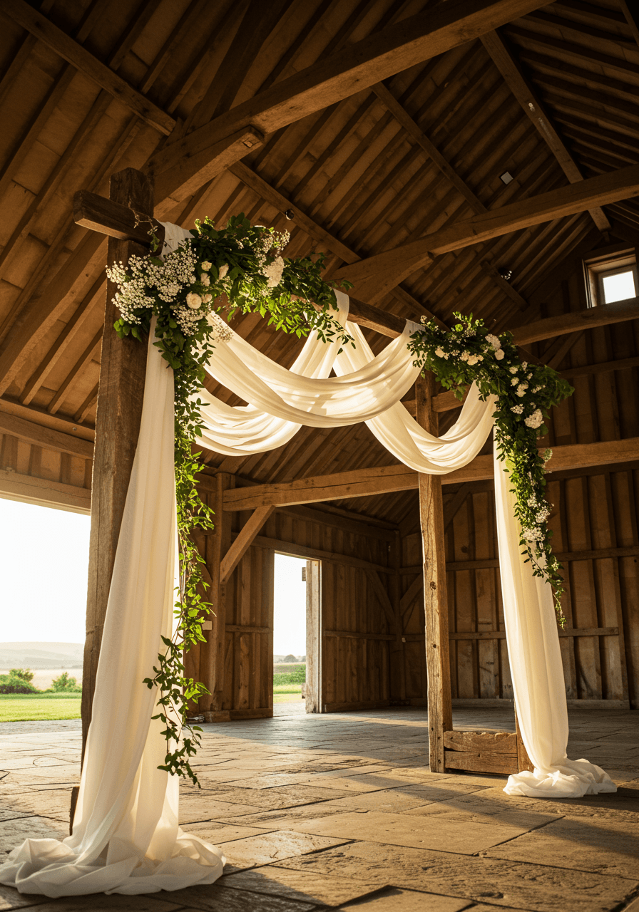 Detail shot of barn wedding arch featuring flowing fabric and trailing ivy decorations