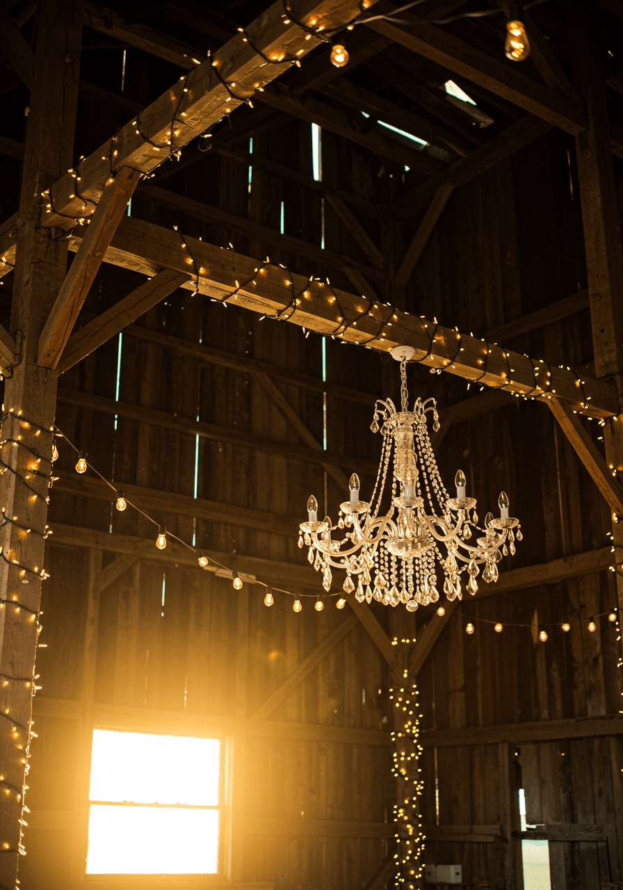 Rustic barn interior featuring crystal chandelier with Edison bulb string lights intertwined around wooden beams