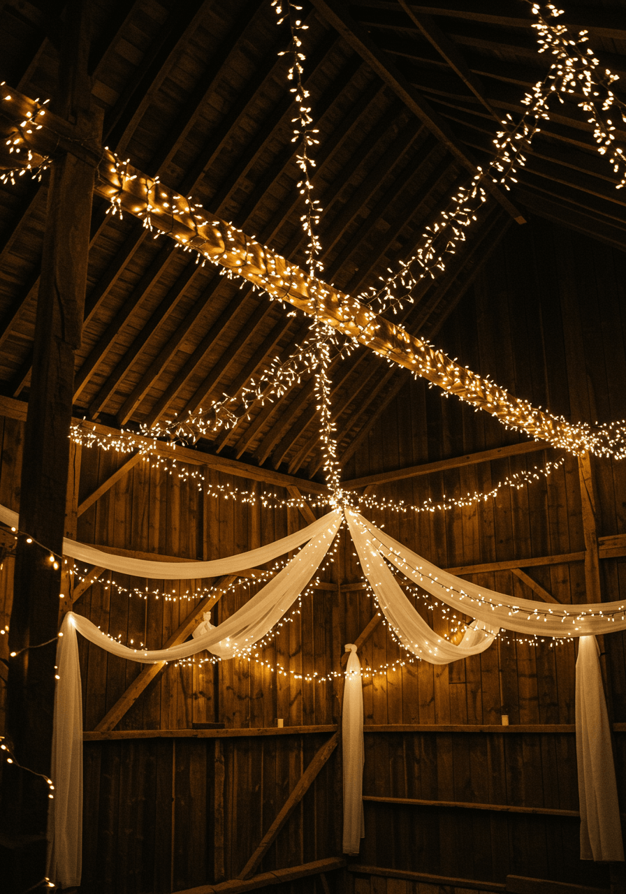 Dramatic view of barn ceiling decorated with sweeping fairy light installation creating constellation effect