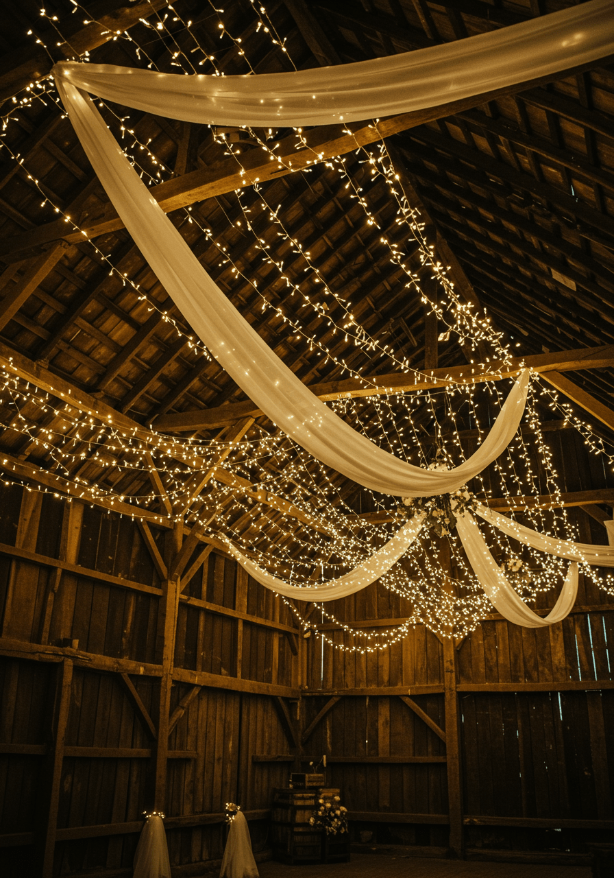 Rustic barn interior with elaborate overhead canopy of cascading fairy lights and string lights draped from wooden rafters
