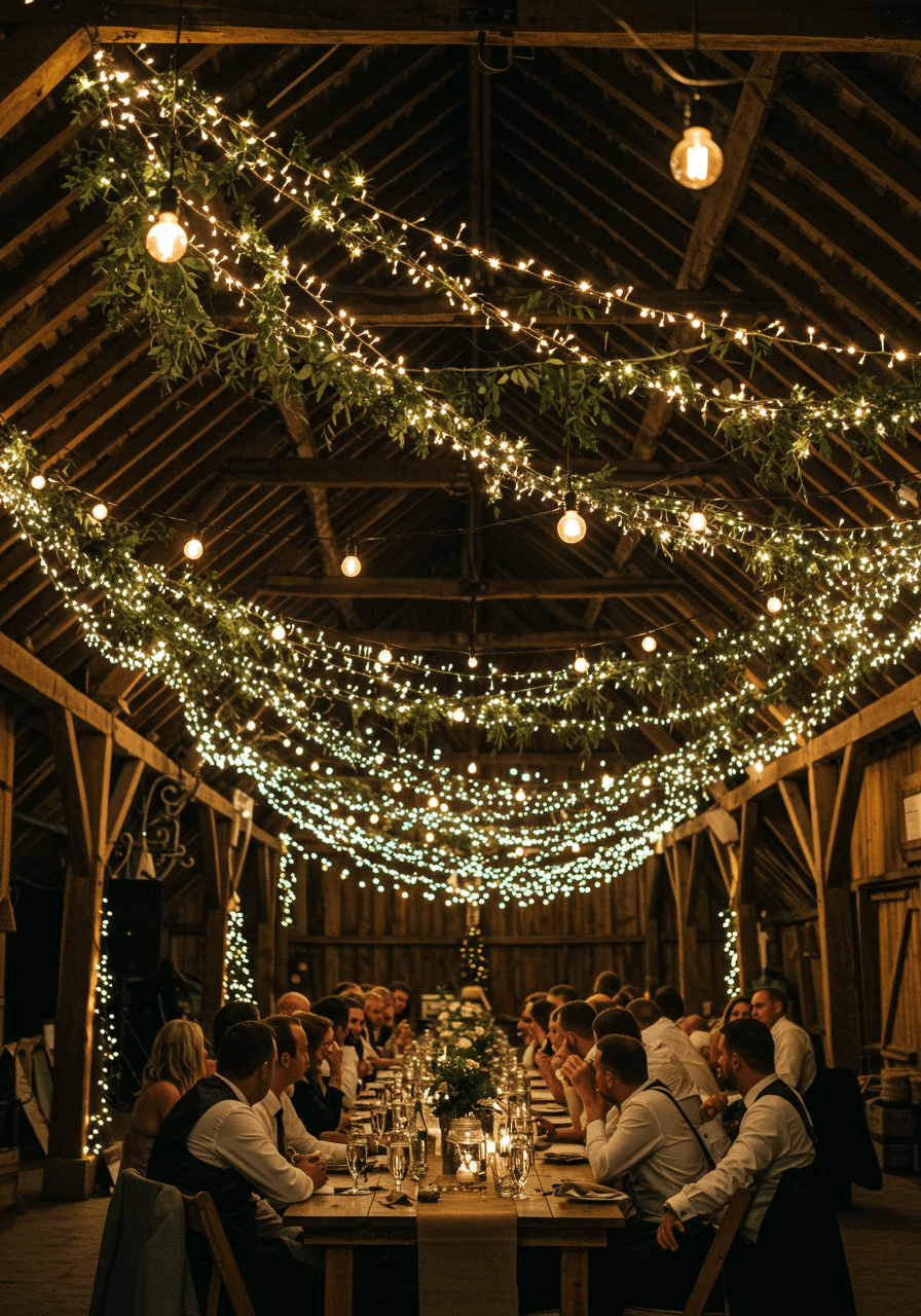 Wide shot of barn reception space with elaborate fairy light canopy and guests dining below