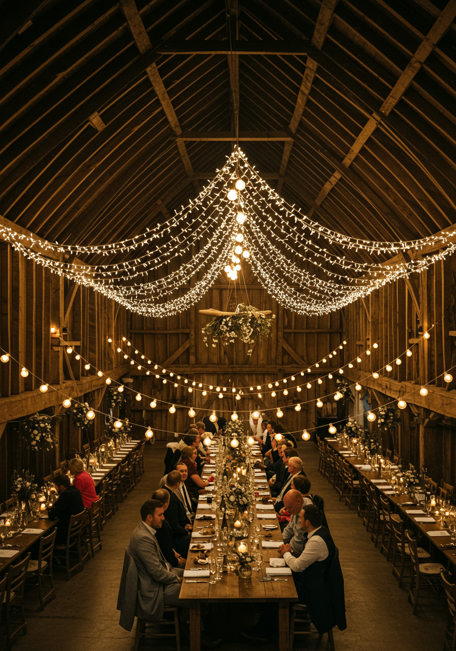 Overhead view of rustic barn reception with cascading fairy lights and string bulbs above guests at long wooden tables