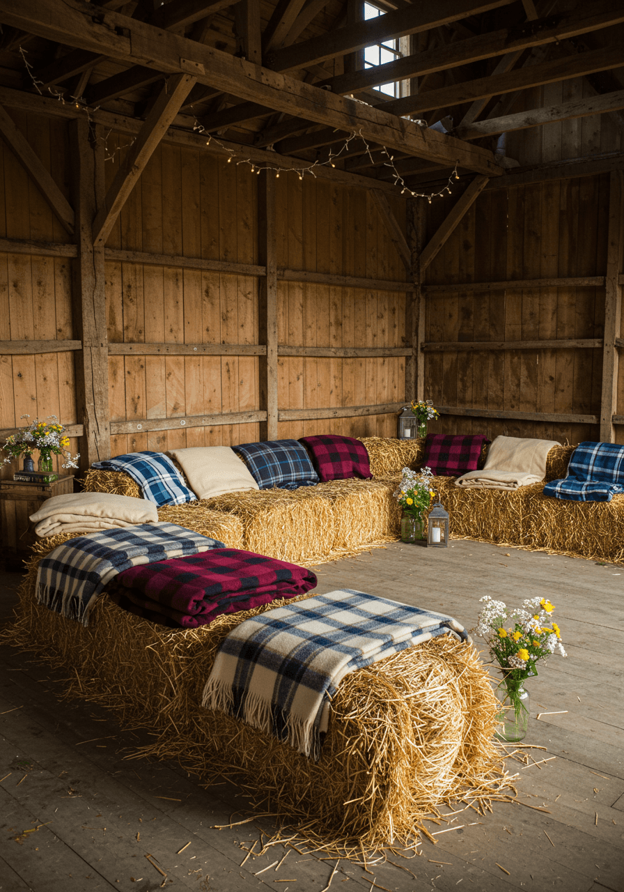 Hay bales arranged in semi-circle lounge with burgundy, navy, and cream plaid blankets in rustic barn