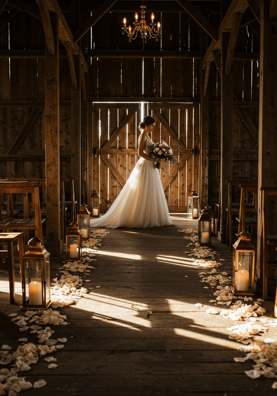 Close view of bride mid-step on petal-covered barn aisle with antique lanterns creating romantic lighting