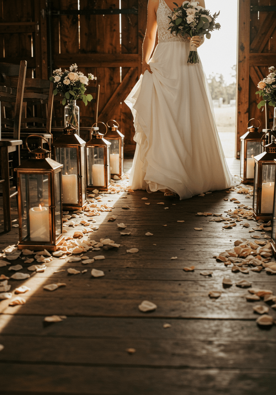 Bride in flowing ivory dress walking down rustic barn aisle flanked by glowing vintage copper lanterns and white petals