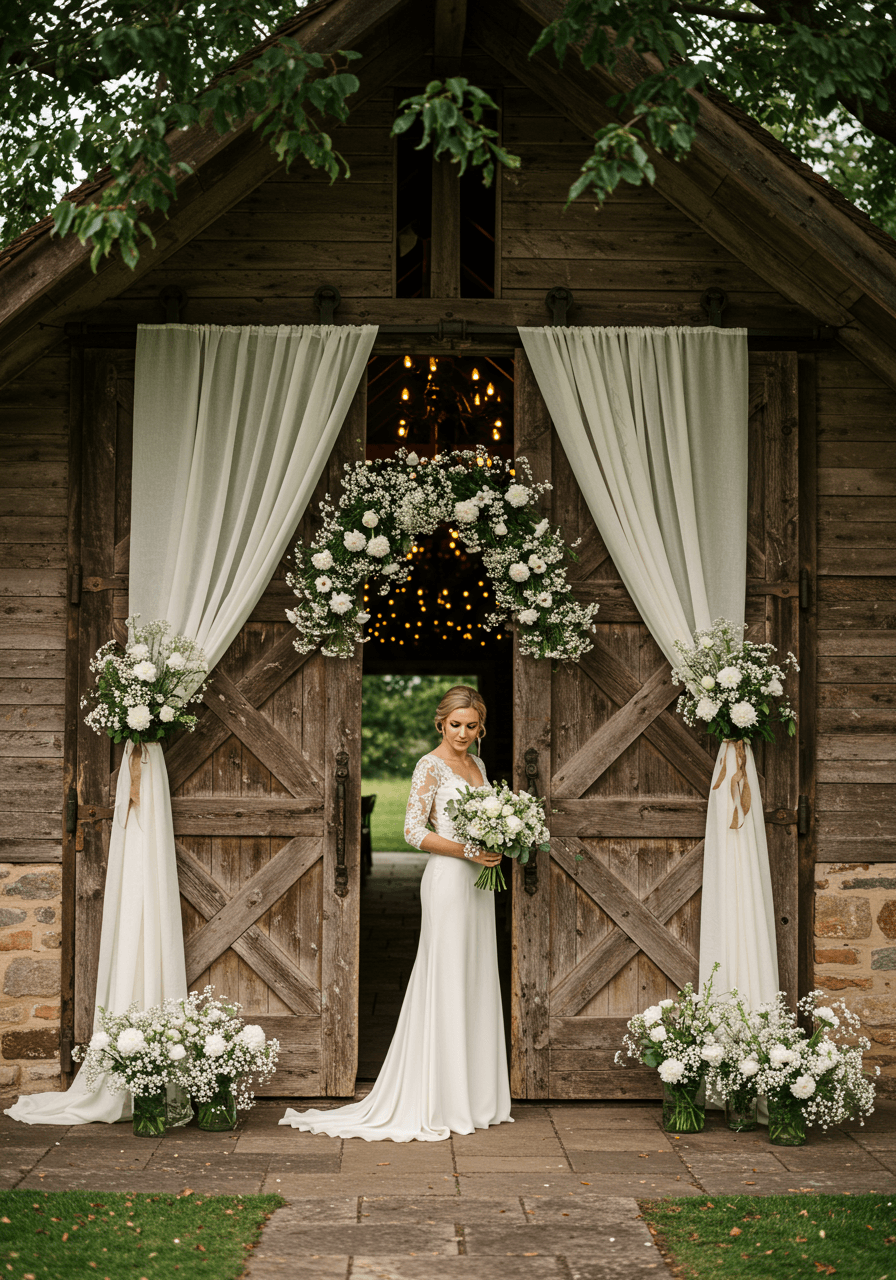 Bride standing at decorated barn entrance with cascading fabric and romantic floral details