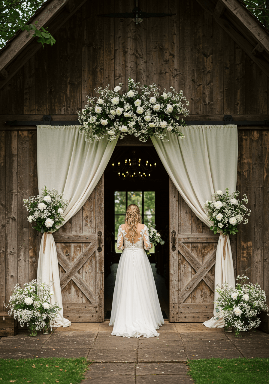 Bride in flowing ivory wedding gown approaching rustic barn doors draped with cream linen and wildflower arrangements