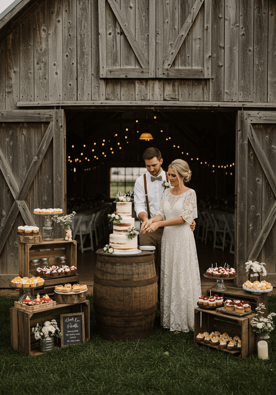 Bride and groom cutting wedding cake displayed on vintage whiskey barrel with dessert array in front of rustic barn