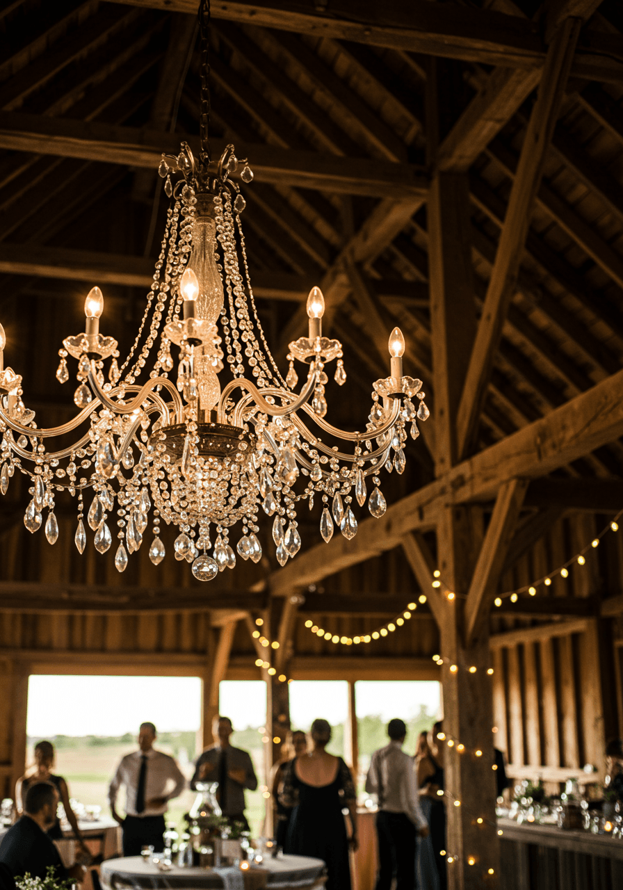 Close-up view of ornate crystal chandelier suspended from dark wooden rafters in barn venue
