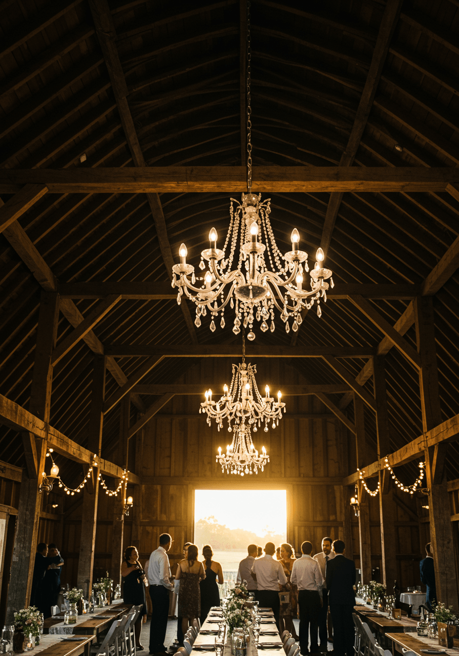 Crystal chandelier hanging from exposed wooden barn beams with wedding guests mingling below during golden hour