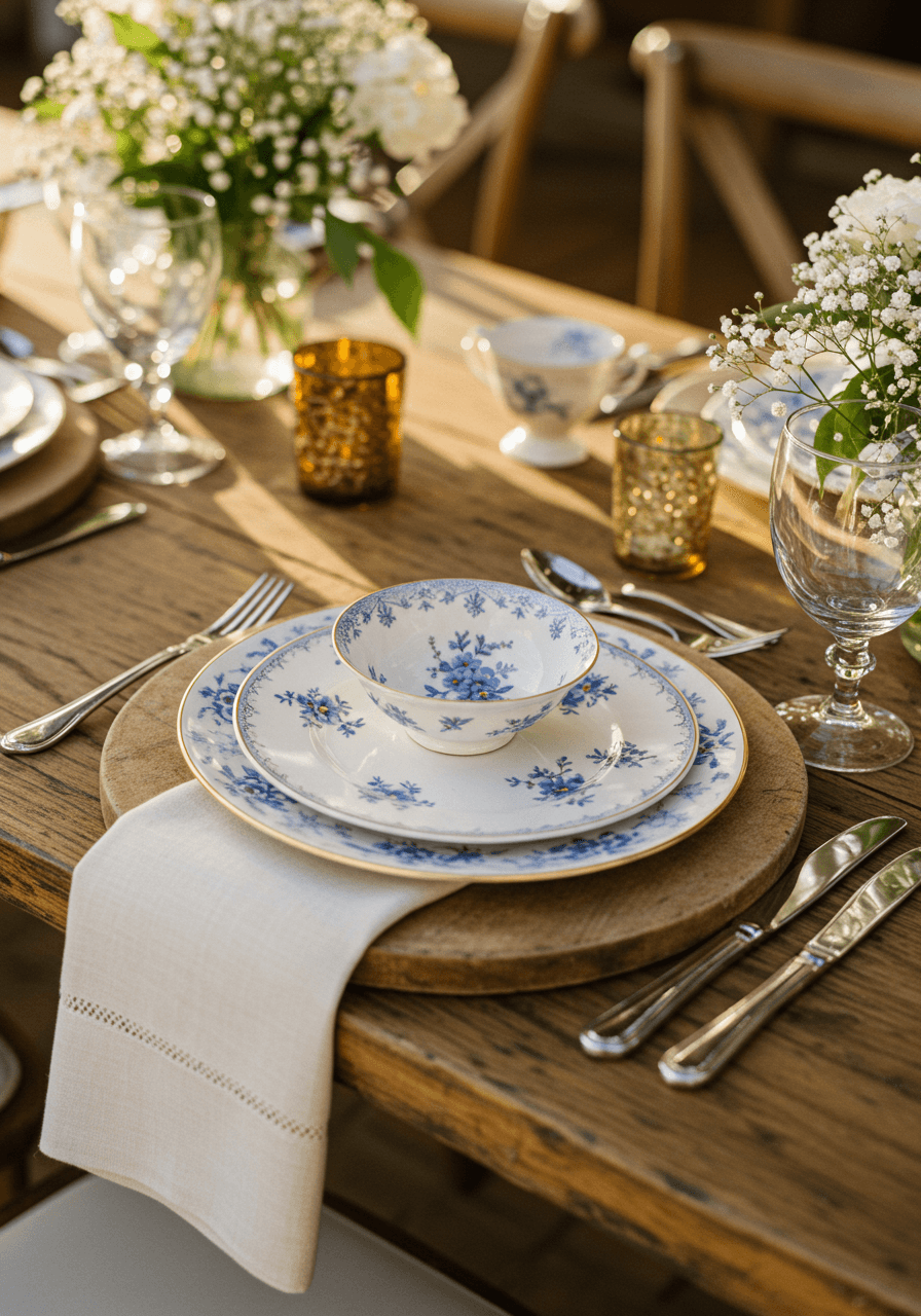 Elegant mismatched vintage china place settings with delicate floral patterns on weathered wooden charger plates