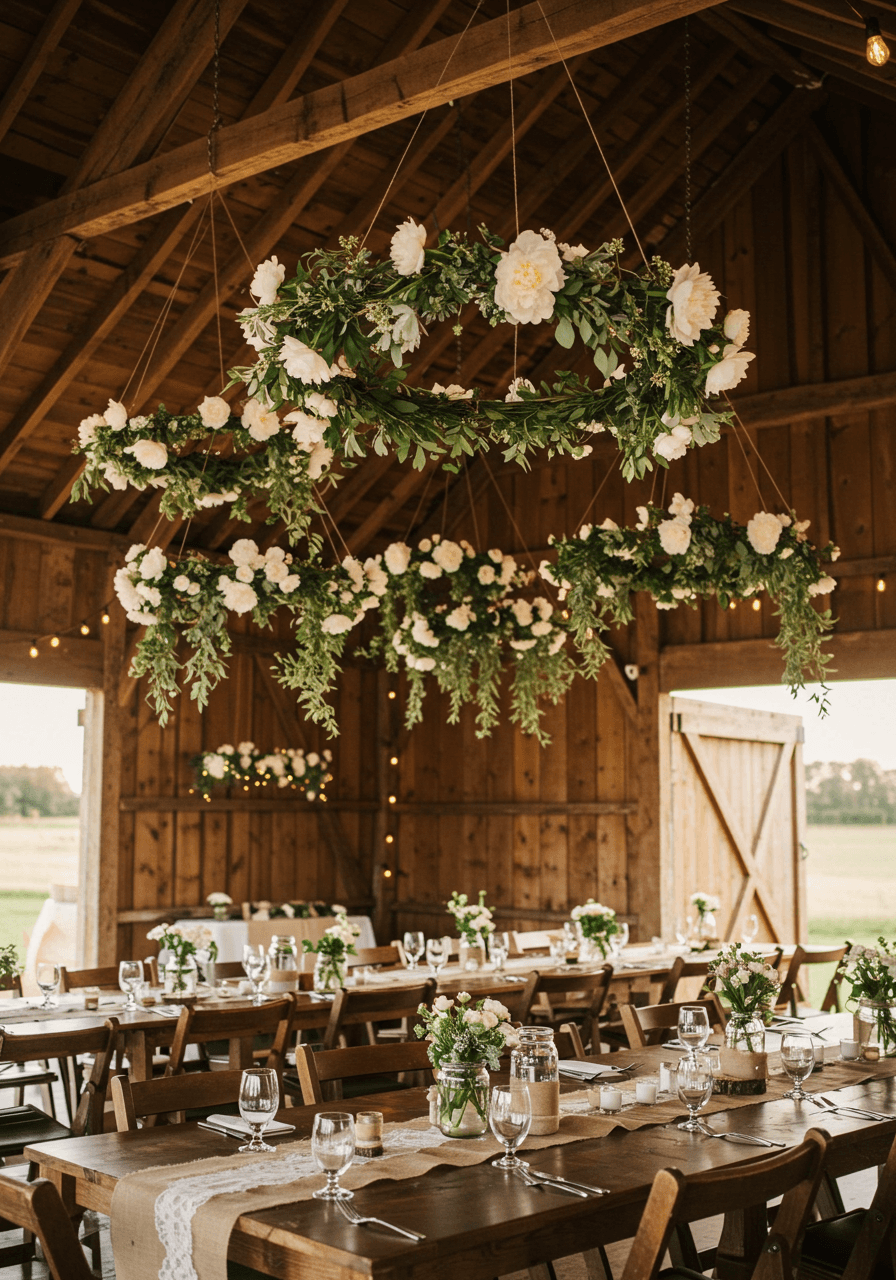 Multiple circular floral hoops of varying sizes suspended at different heights above barn reception tables