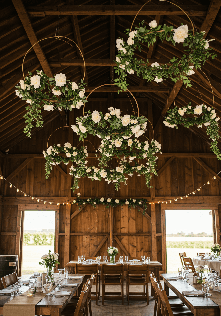 Layered floral hoop installation with white peonies and trailing ivy creating canopy effect in barn venue