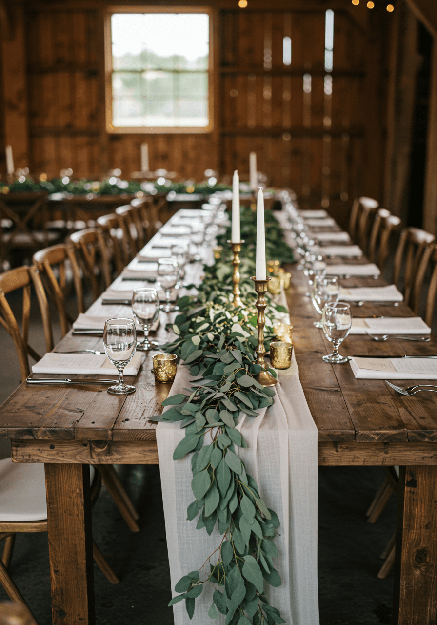 Long rustic wooden farmhouse table with fresh eucalyptus garland runner in converted barn venue