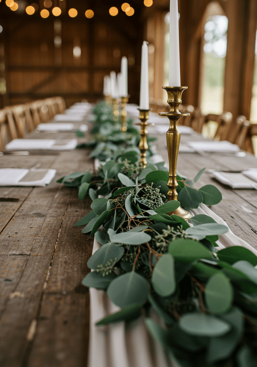 Wide view of barn wedding table setup featuring eucalyptus runners and cream-coloured linens