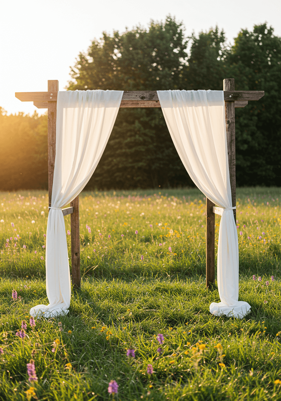 Rustic wooden arch with flowing white chiffon drapery in meadow surrounded by wildflowers during golden hour