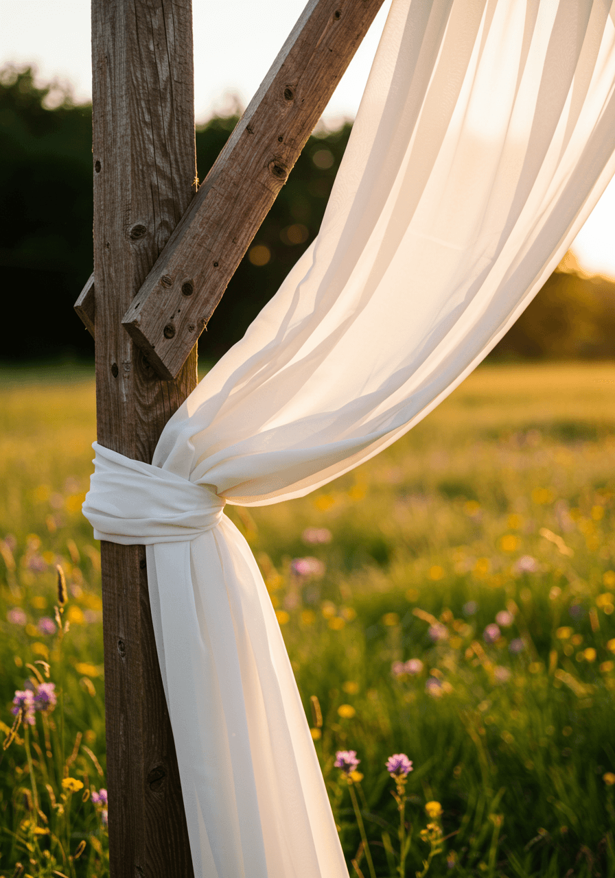 Detail view of weathered barn wood ceremonial arch with billowing white fabric and natural setting