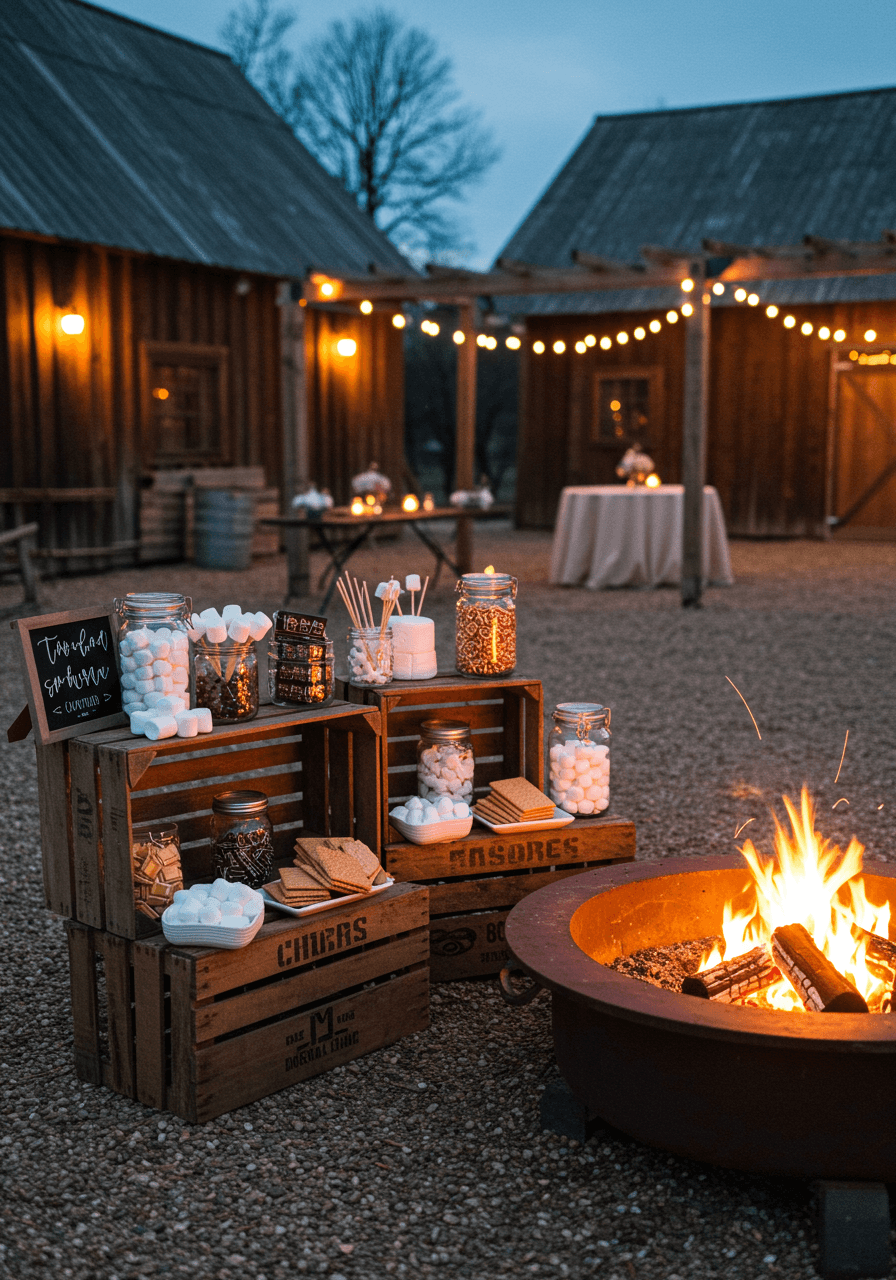 Rustic wooden s'mores station with treats arranged on vintage crates beside crackling fire pit in barn courtyard