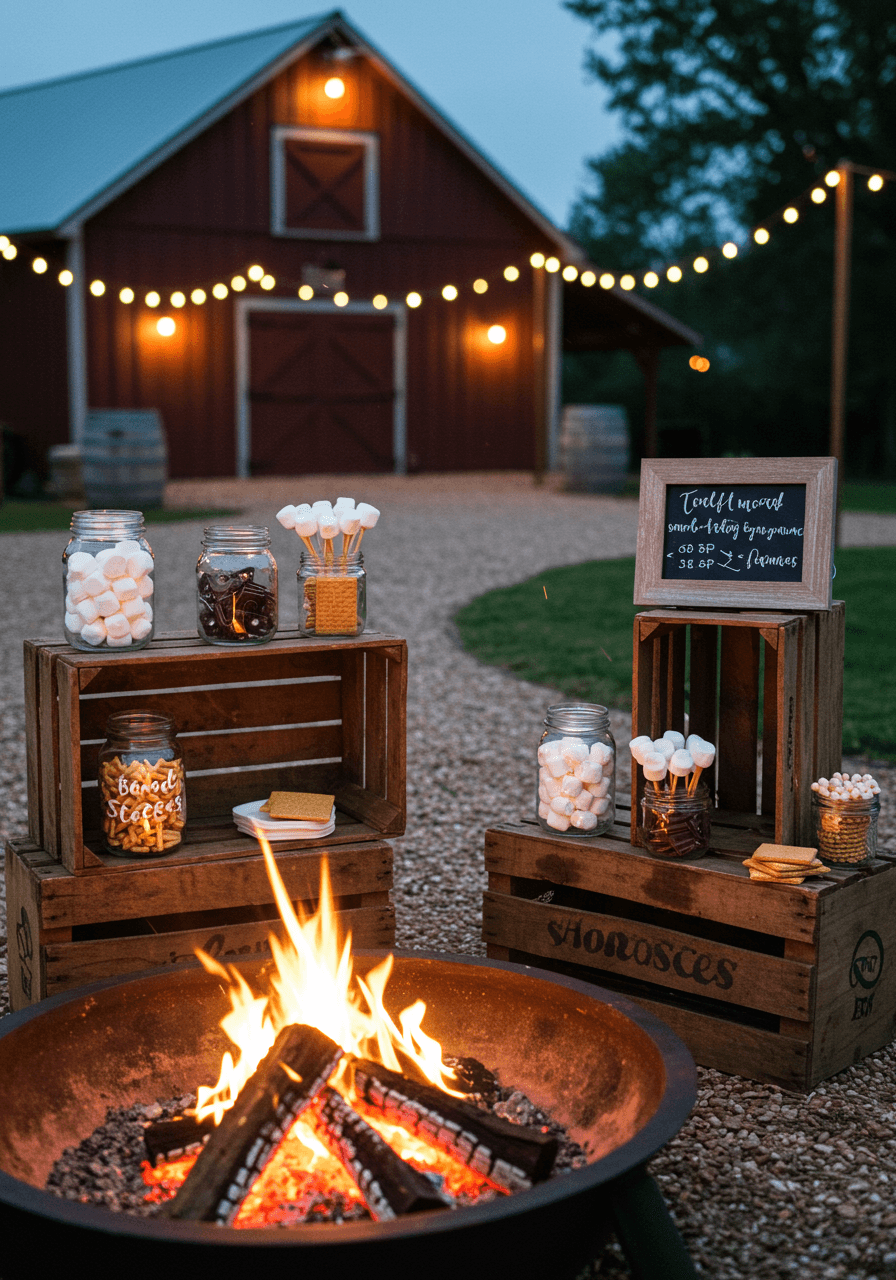 Close-up view of s'mores bar setup with mason jars and rustic wood shelves near fire pit