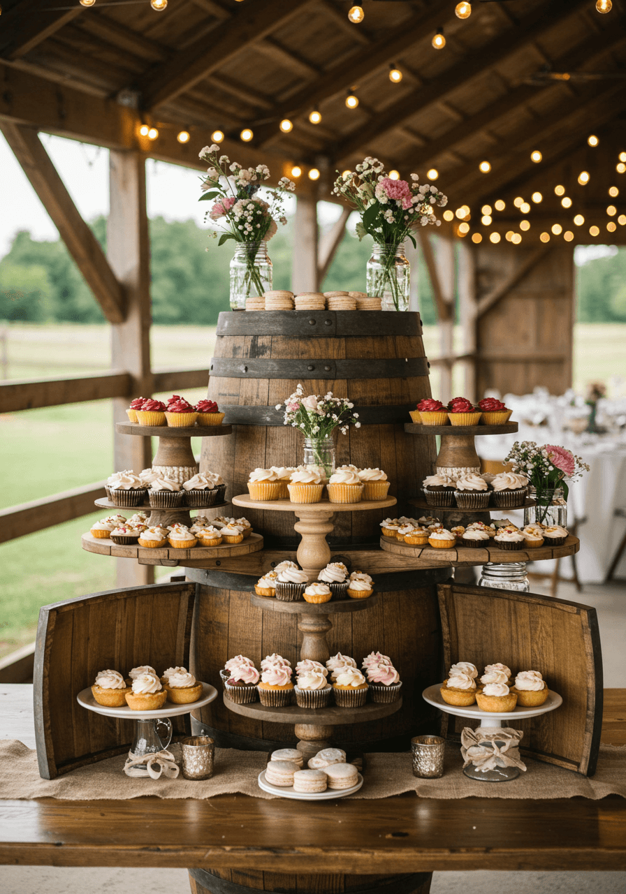 Vintage whiskey barrel transformed into multi-tiered dessert display with cupcakes and pastries in outdoor barn venue