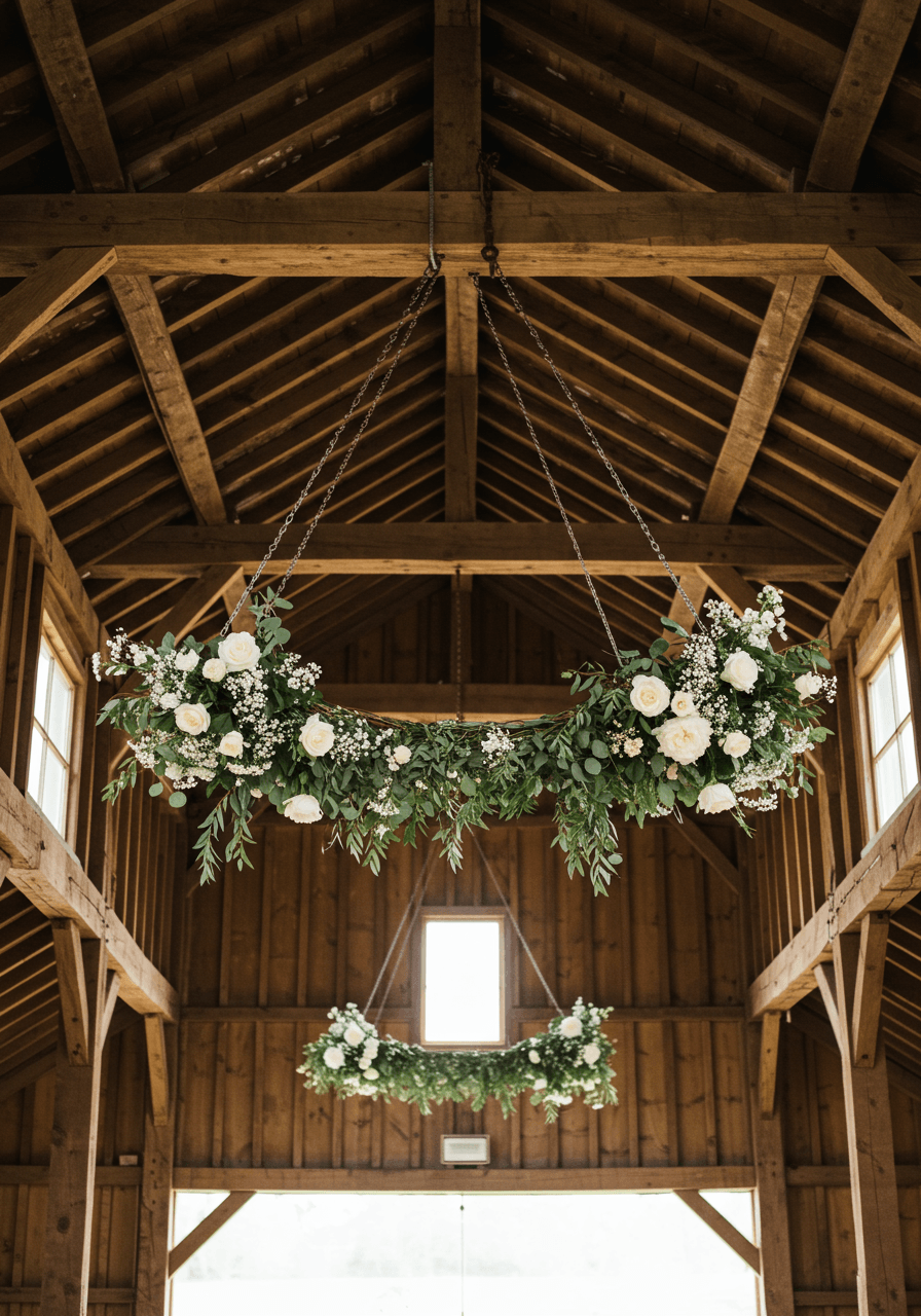 Large circular floral hoop suspended from rustic barn beams featuring white roses, eucalyptus, and baby's breath