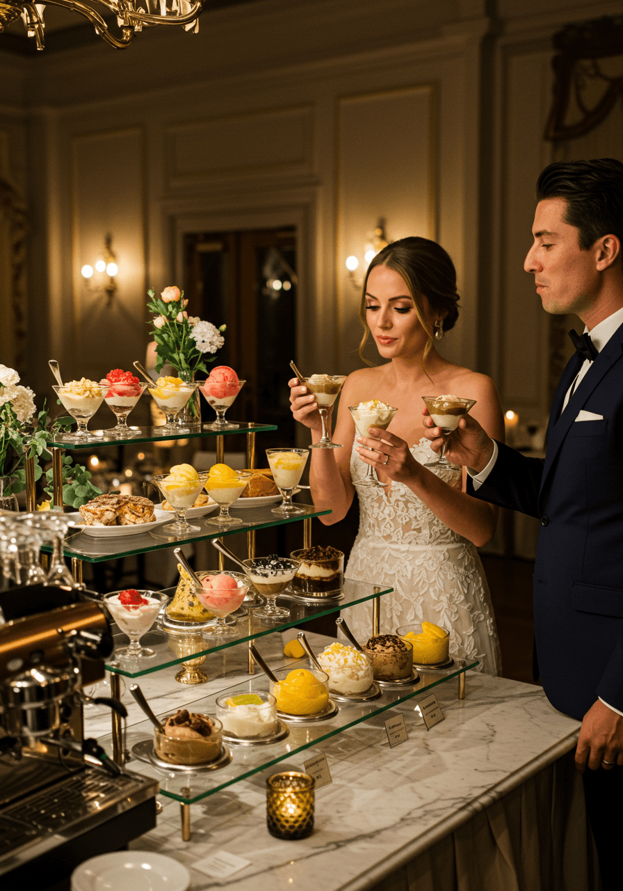 Wedding guests enjoying affogato tasting experience at sophisticated dessert station with warm ambient lighting