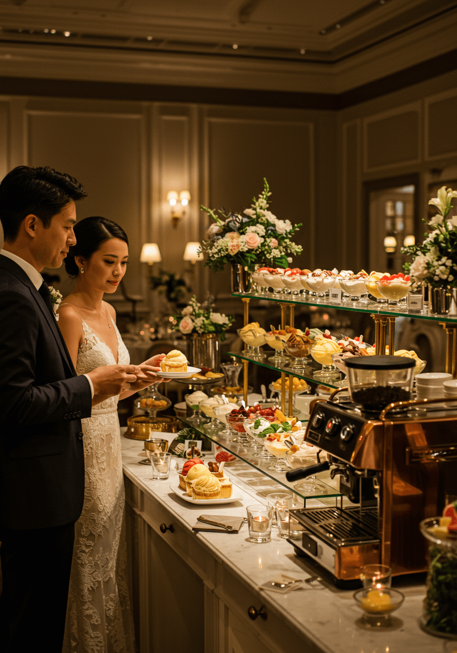 Elegant couple standing at beautifully arranged affogato bar with tiered gelato display during golden hour reception