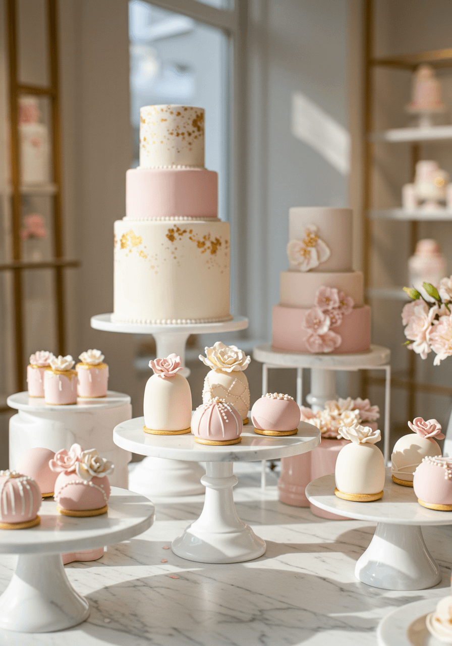 Artisanal cakesicles with delicate sugar flowers displayed on white marble pedestals in modern bridal boutique
