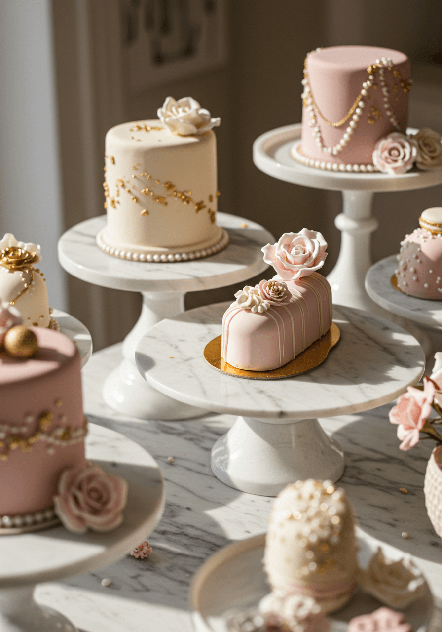 Low angle view of pastel pink and gold cakesicles arranged on elegant marble display stands