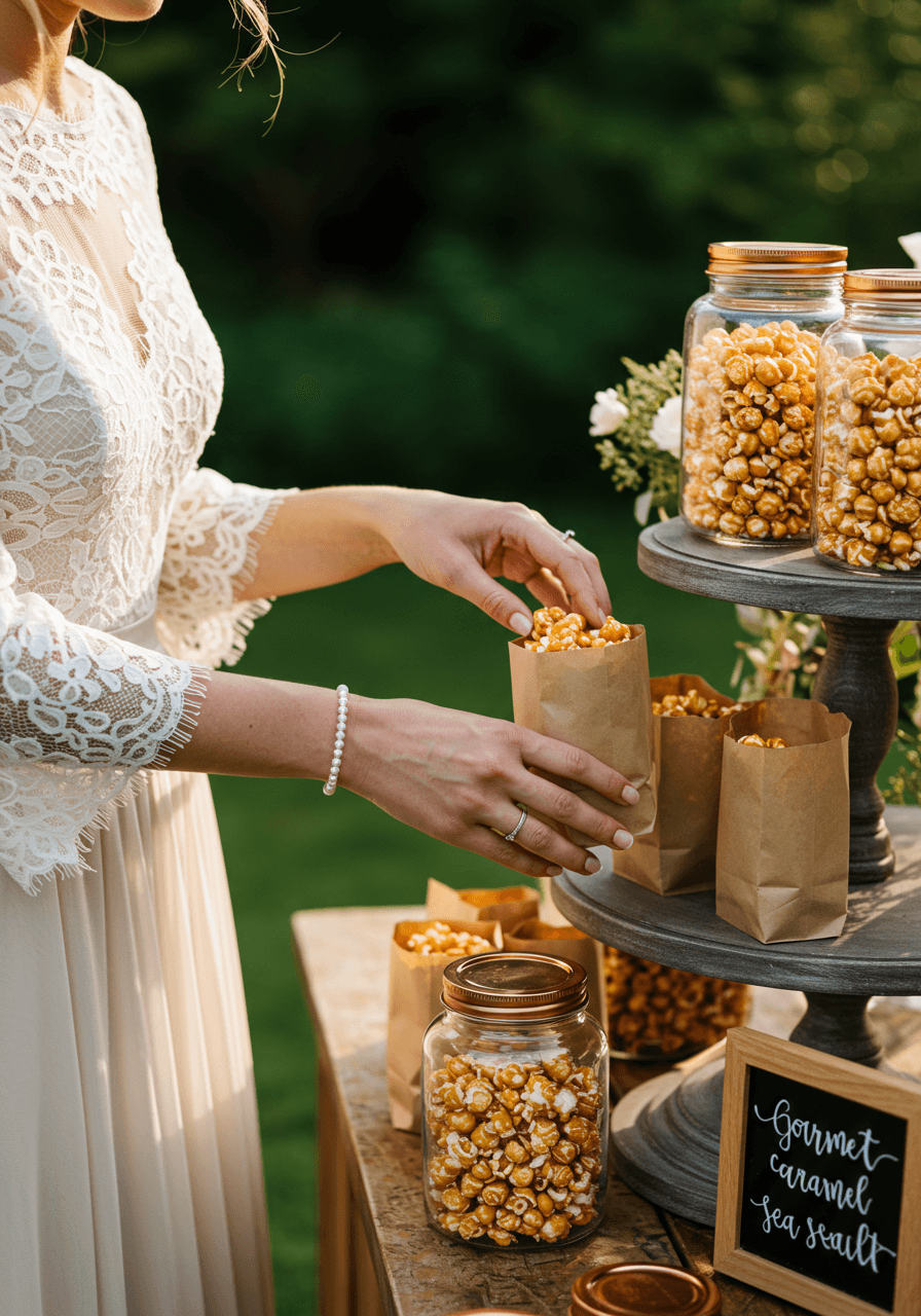 Bride in bohemian lace dress selecting gourmet caramel sea salt popcorn from tiered display in garden wedding