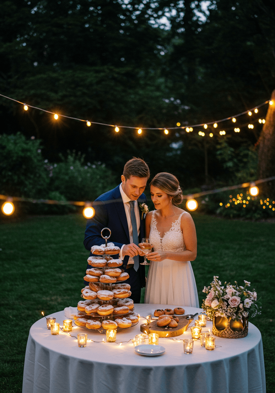 Wide garden view of couple enjoying cronuts at twilight reception with string light ambiance