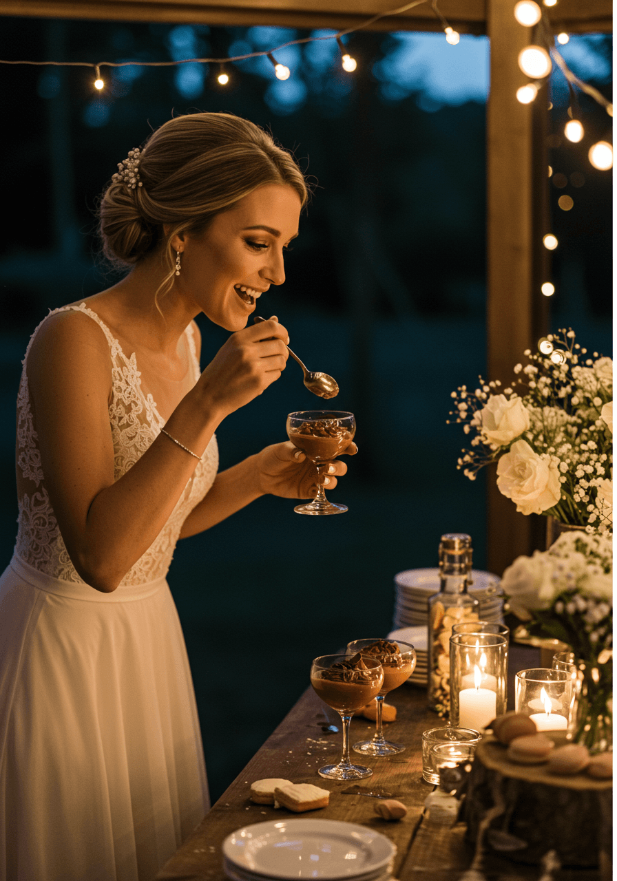 Bride in elegant dress tasting chocolate mousse in romantic garden pavilion with string lights overhead