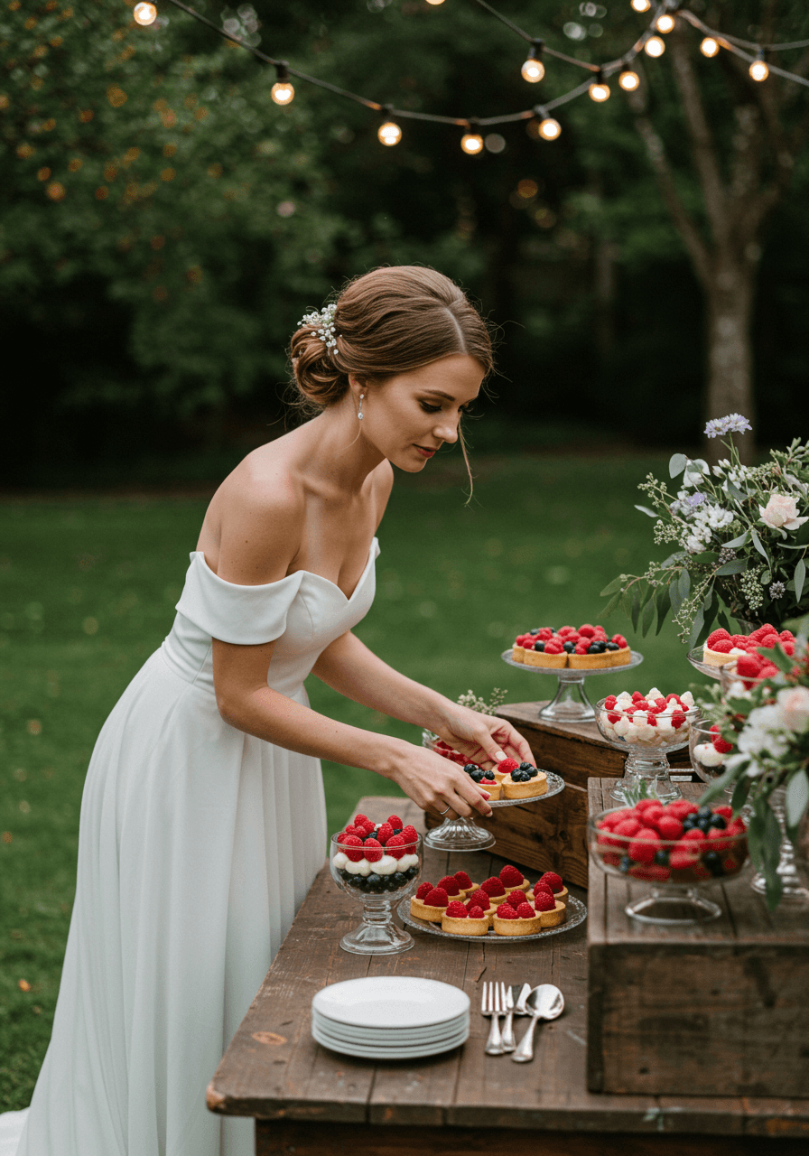 Wide view of bride at charming garden dessert station with vintage serving utensils and string lights