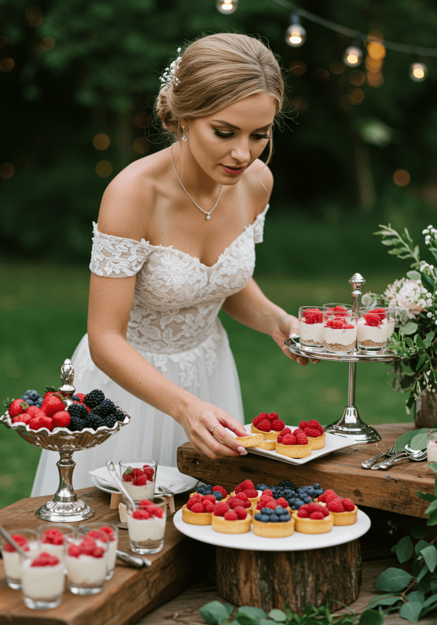 Bride in off-shoulder dress selecting raspberry tart from rustic wooden dessert station in garden setting