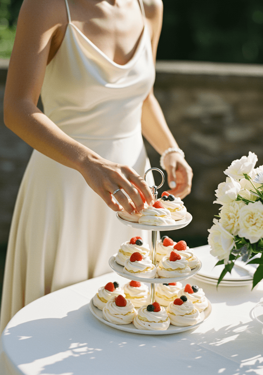 Bride in flowing ivory silk dress delicately reaching for mini pavlova from elegant tiered display