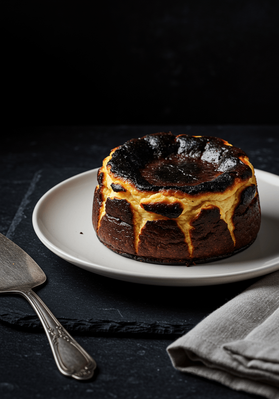 Single burnt Basque cheesecake with dramatically blackened cracked top on white ceramic plate in moody restaurant setting