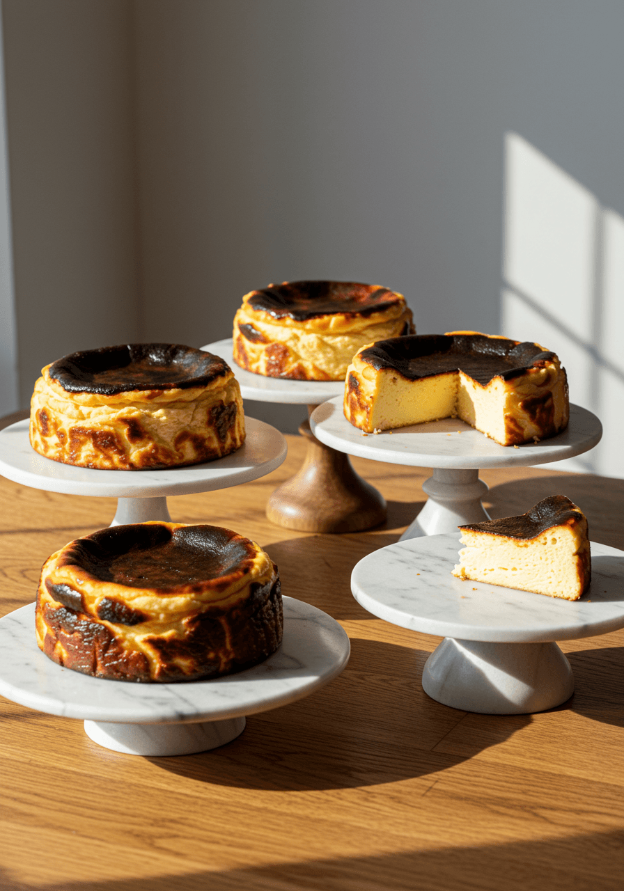 Collection of five burnt Basque cheesecakes with dark caramelised tops displayed on white marble stands in rustic bakery