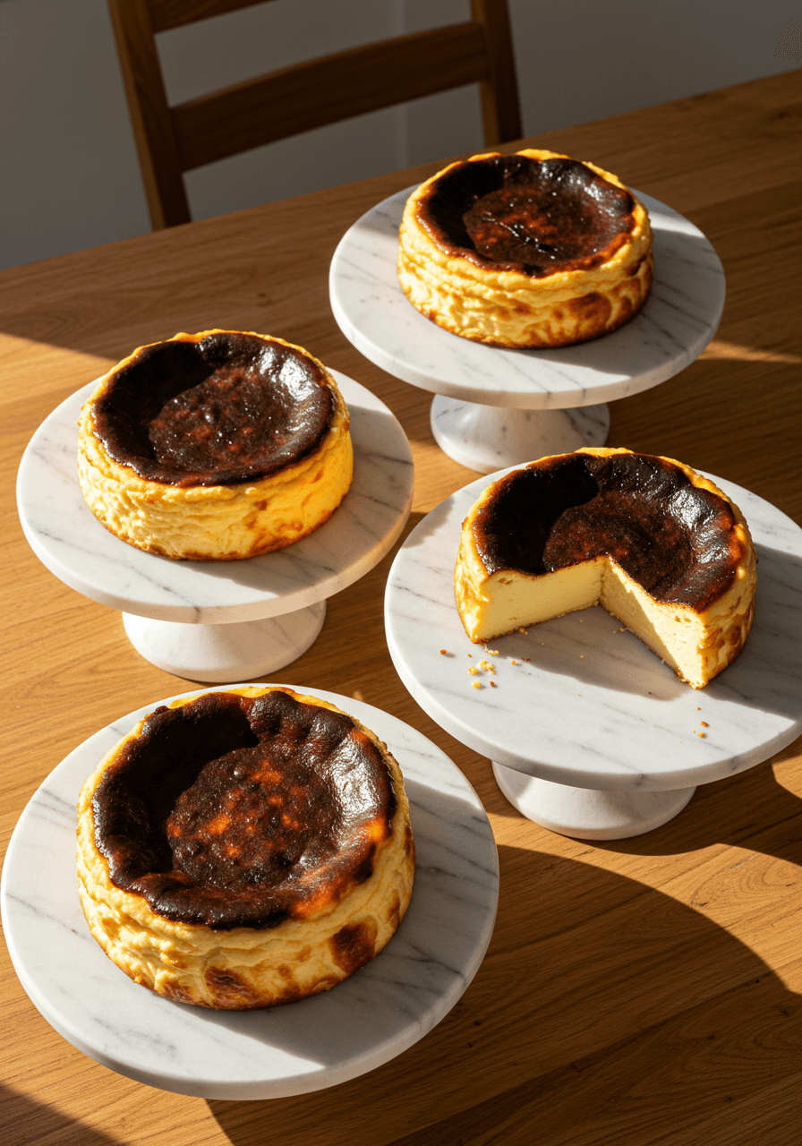 Overhead view of burnt Basque cheesecakes arranged on varying height marble pedestals with natural lighting