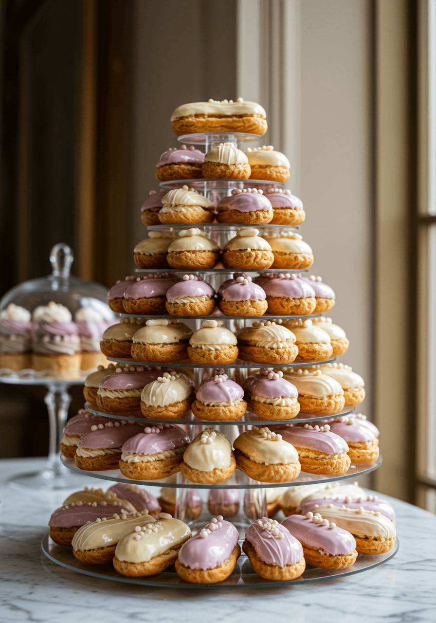 Towering arrangement of glazed French éclairs on multi-tiered glass stand in upscale patisserie setting