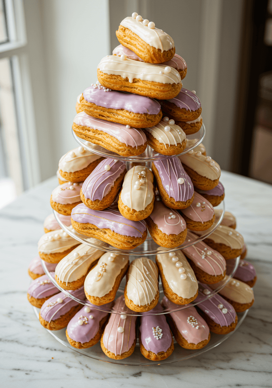 Overhead view of elegant éclair tower with pastel glazes and pearl decorations in luxury dessert display