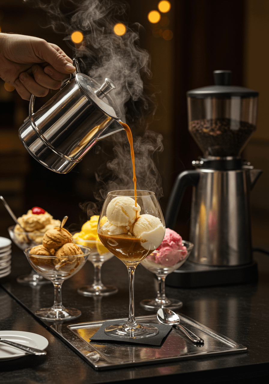 Wide view of elegant affogato bar with array of gelato flavours and coffee equipment at evening reception