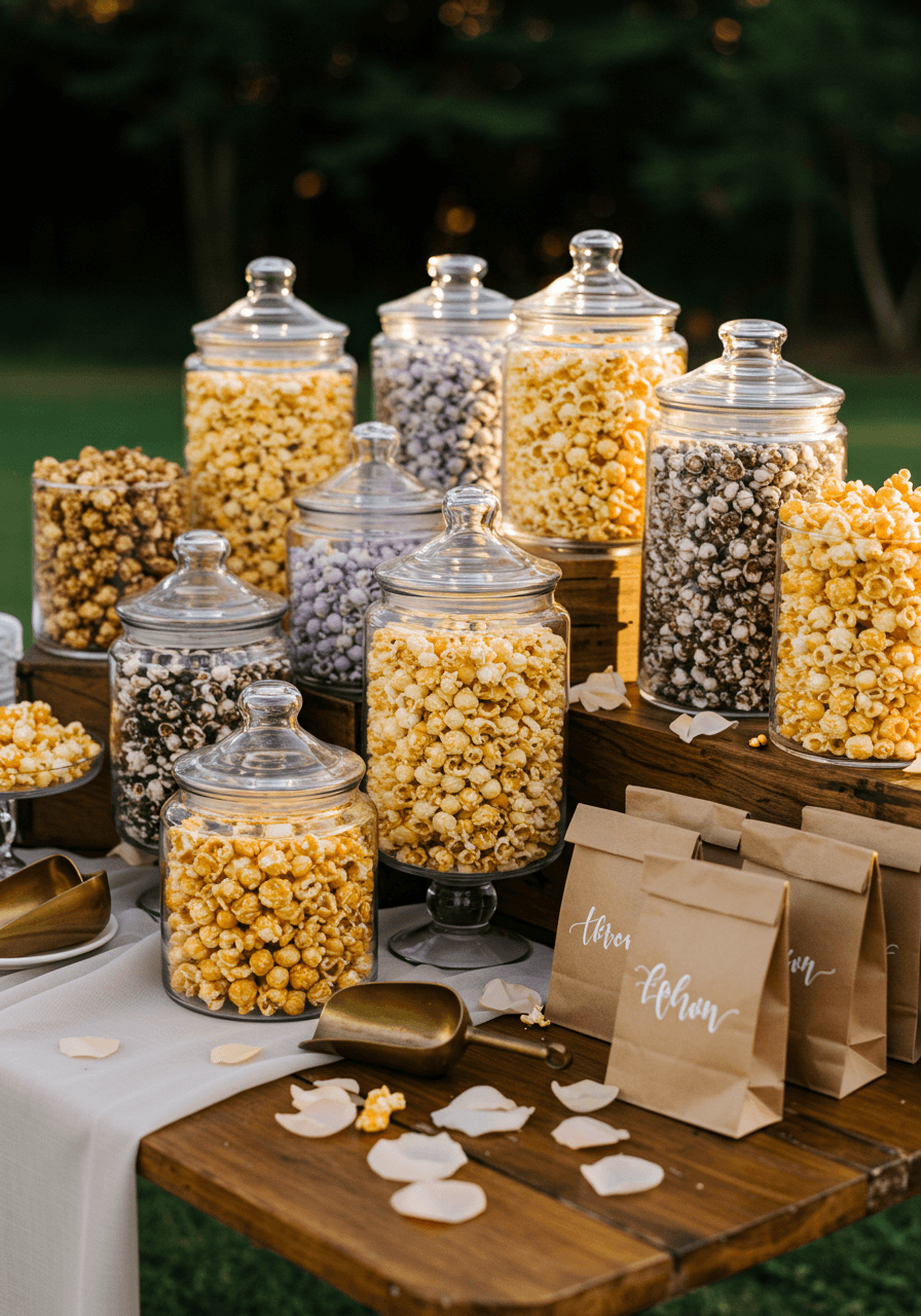 Artisanal popcorn bar with glass apothecary jars filled with gourmet flavours on rustic wooden table