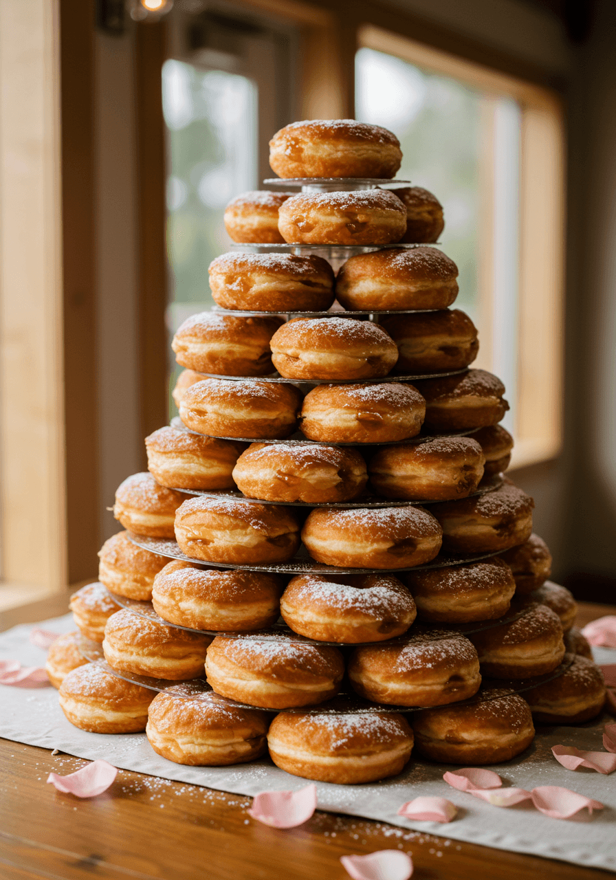 Close-up view of powdered sugar dusted cronuts arranged in tower with scattered rose petals